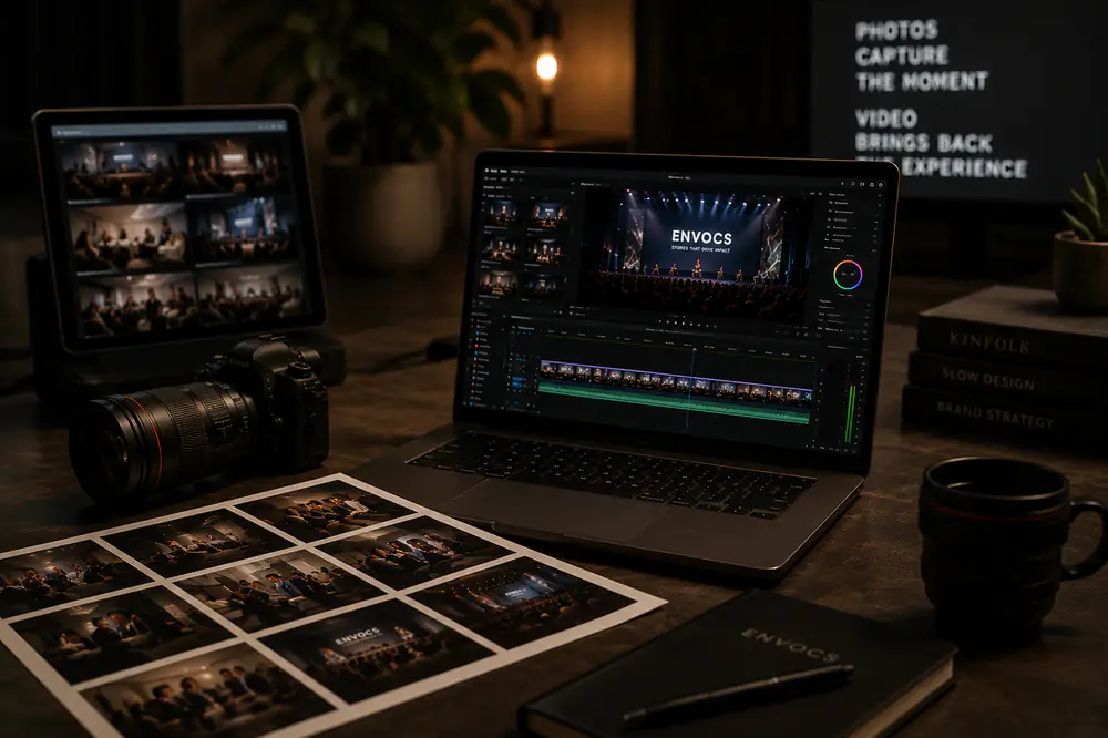 Cinematic editing workspace showing event photos and video timeline extending the life of an event